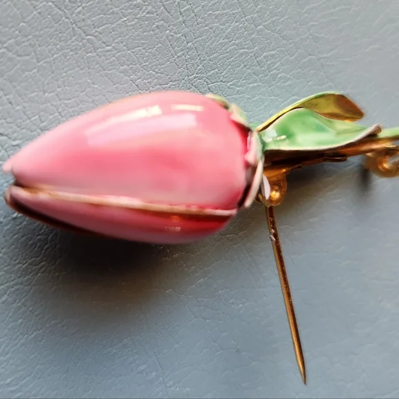 40s SANDOR CO Rose Pink Tulip Bud Olive Green Leaves Enamel Gold RARE Pin Brooch - Picture 11 of 16